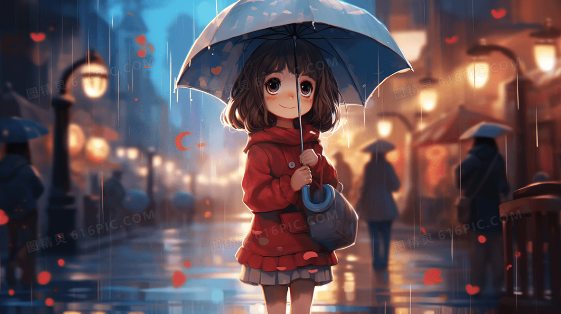 雨中街道上撑着雨伞的可爱女孩插画
