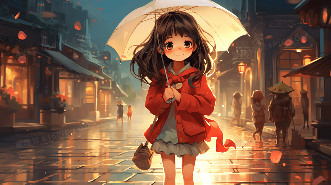 雨中街道上撑着雨伞的可爱女孩插画