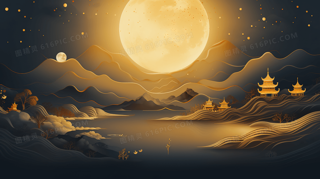 中国风夜晚圆月下的山水建筑风景插画