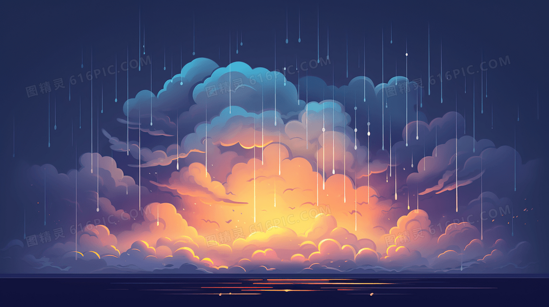 下雨天海上云朵中的晚霞插画