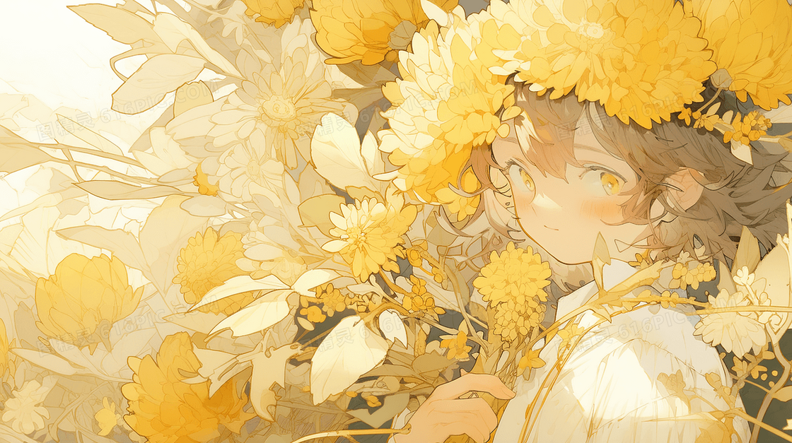 春天盛开的黄色花朵中的女孩唯美插画