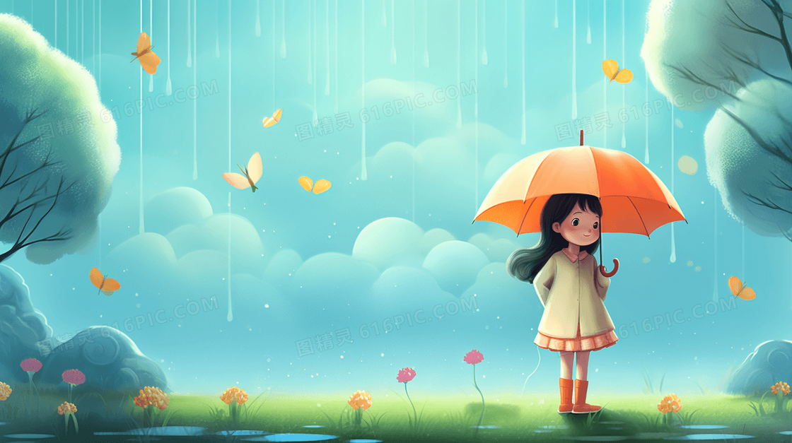 春季雨中打伞的小女孩插画 