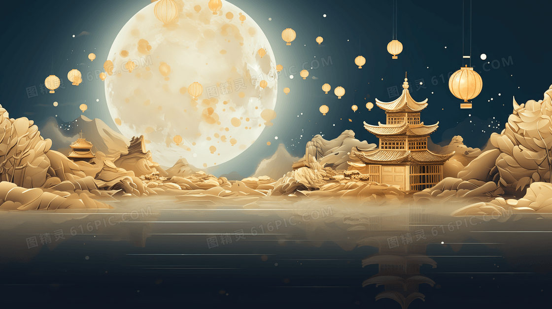 中国风元宵节挂花灯山水风景建筑插画