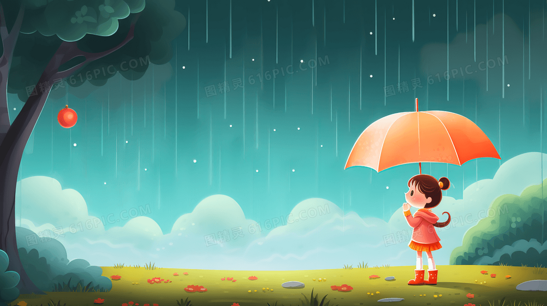 春季雨中打伞的小女孩插画 