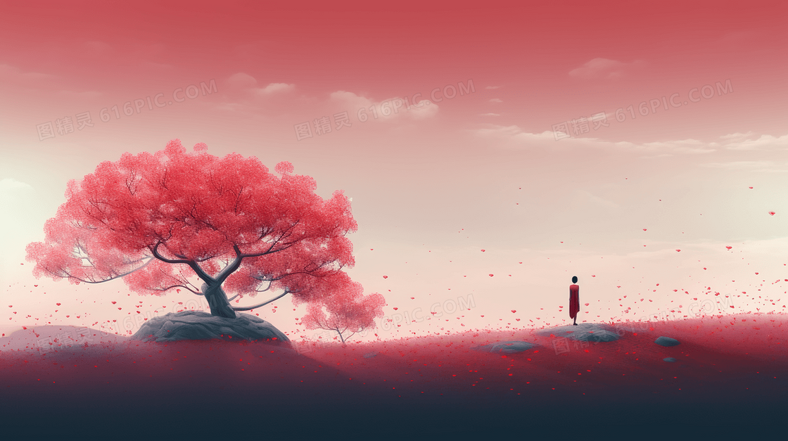 粉色花朵大树广阔风景插画