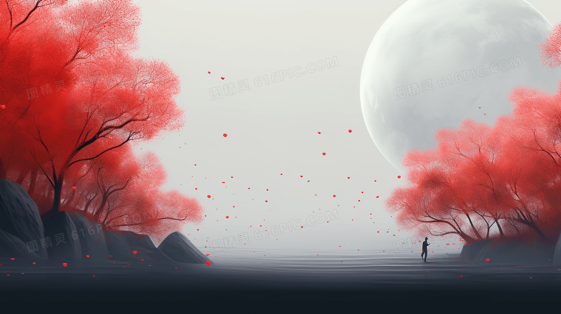 粉色花朵大树广阔风景插画