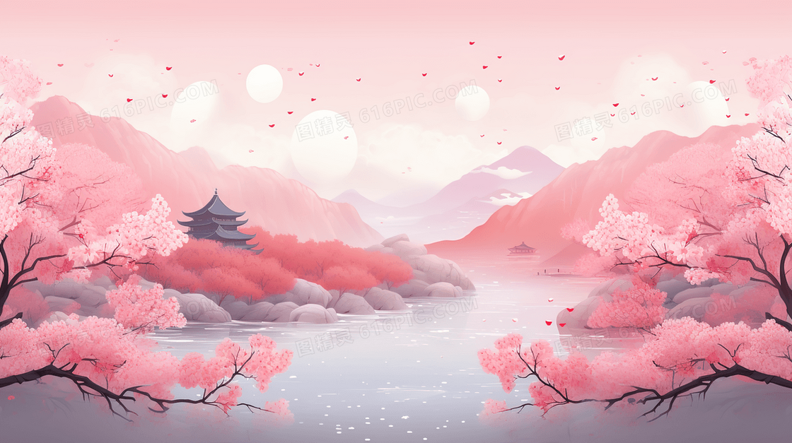 春天粉色调山水梅花树插画