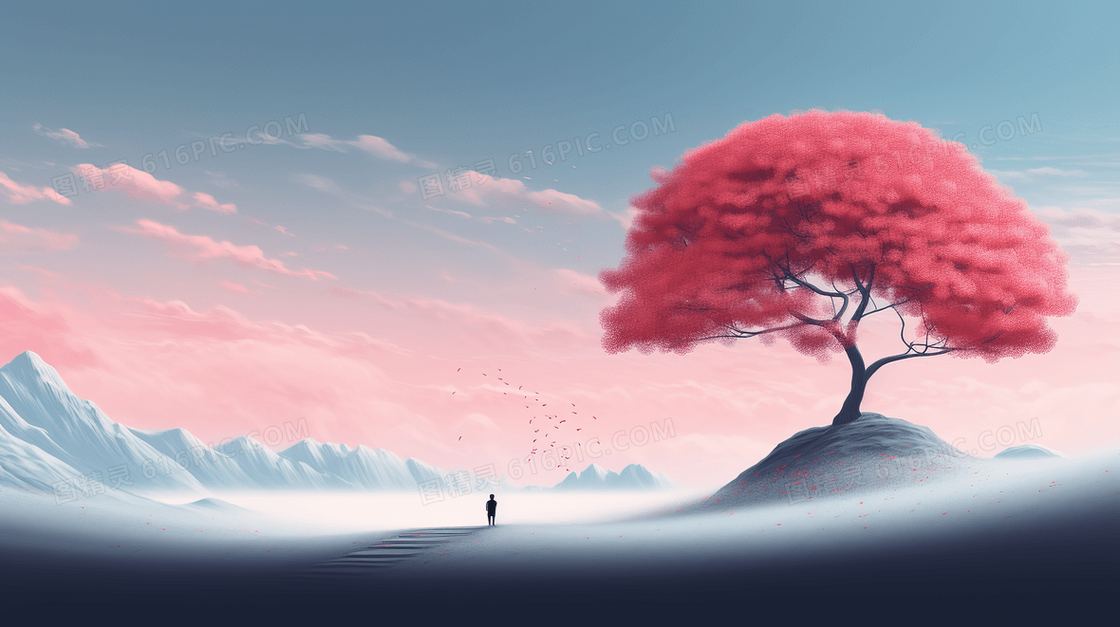 粉色花朵大树广阔风景插画