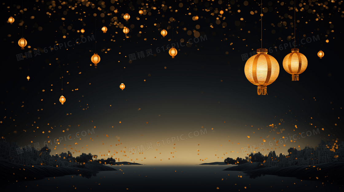 挂满金色灯笼的元宵节夜景插画
