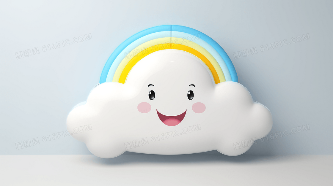 3D带彩虹的微笑白云插画