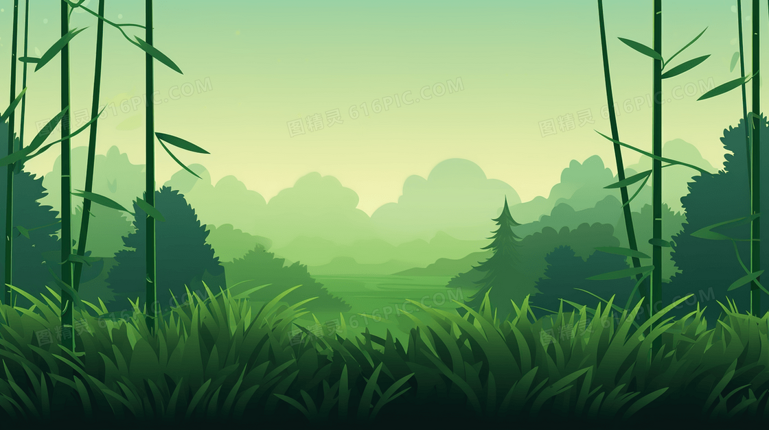 春天绿色新鲜的竹子风景插画