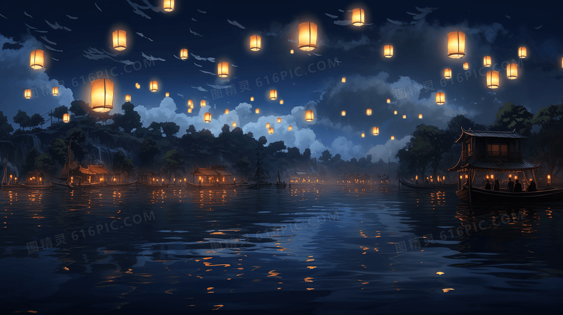 夜晚河面上空漂浮的孔明灯风景插画