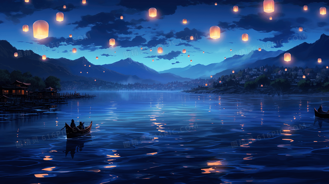 夜晚河面上空漂浮的孔明灯风景插画