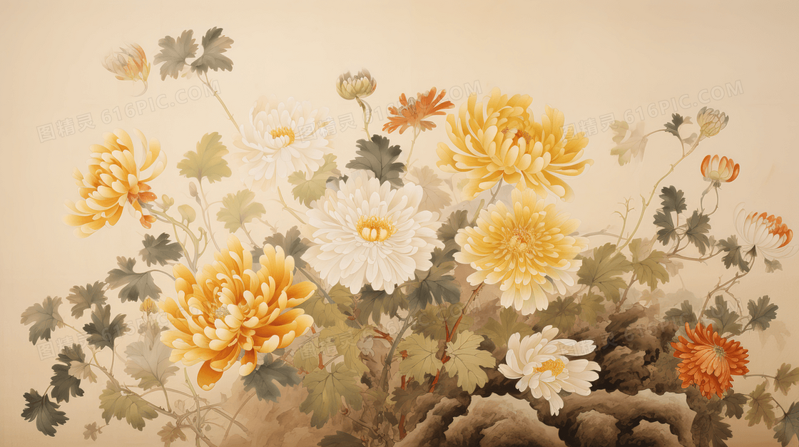 中国风盛开的菊花花丛插画
