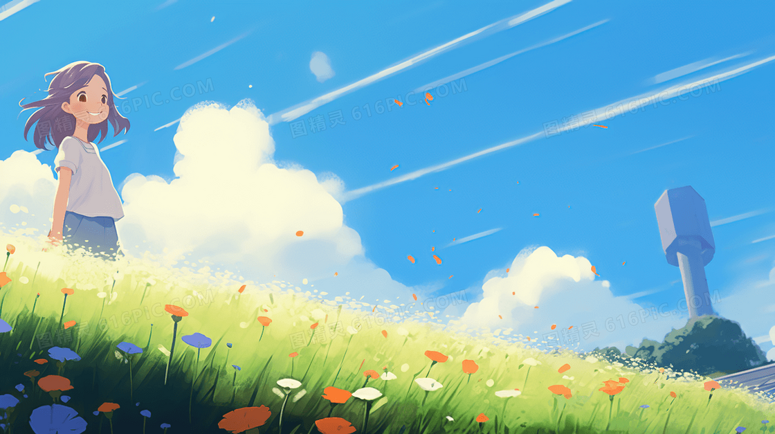 春天站在野花盛开的草地上的少女插画