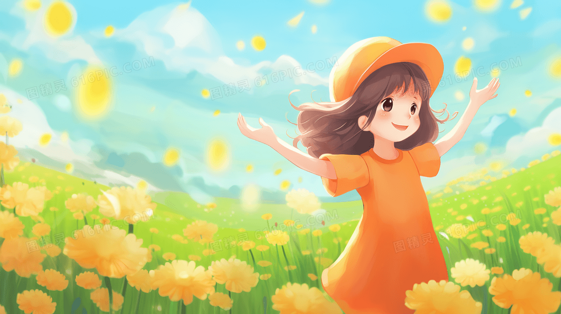 春天站在野花盛开的草地上的少女插画