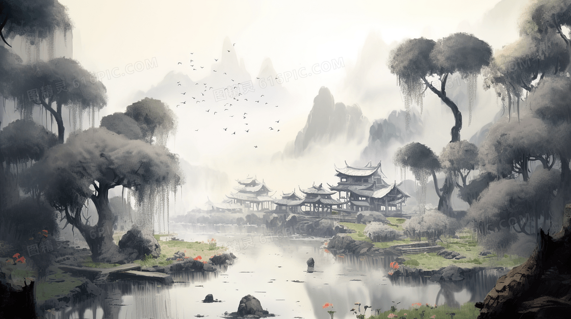 河边小乡村中国水墨山水插画