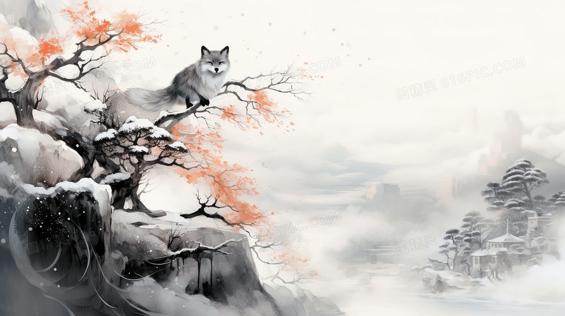 站在被雪覆盖的梅花树上的狐狸插画
