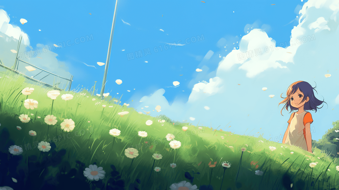 春天站在野花盛开的草地上的少女插画