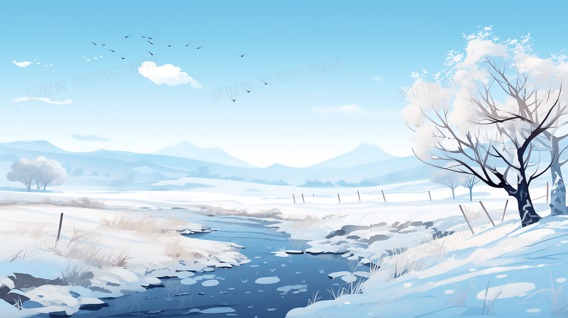 冬季积雪山野小河插画