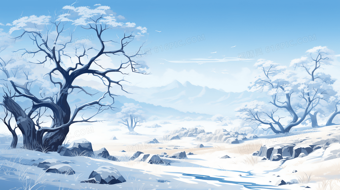 冬季积雪山野小河插画