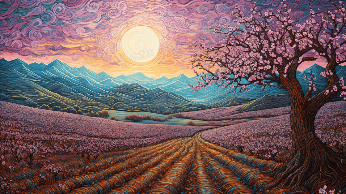 春季桃花盛开的田野风光插画