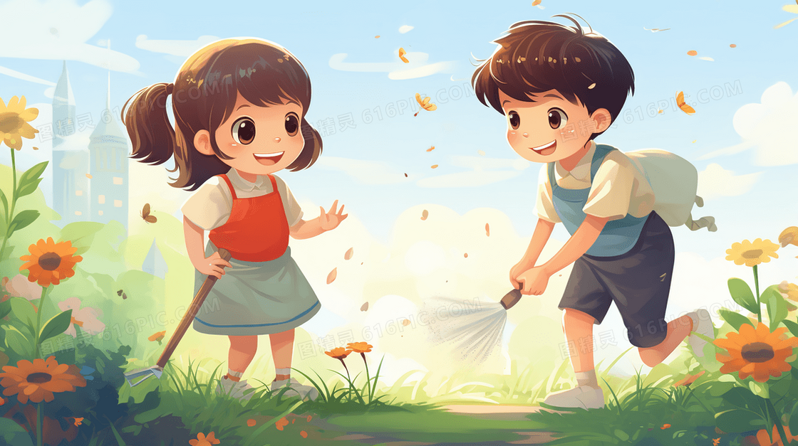 在春天种花浇水的两个小孩插画