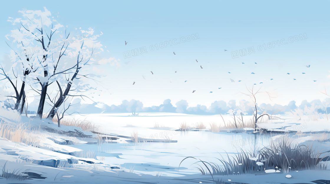 冬季积雪山野小河插画