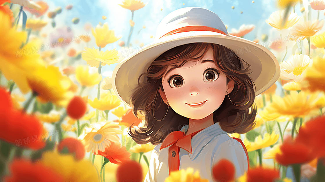 春季山野戴着帽子郊游的小女孩插画