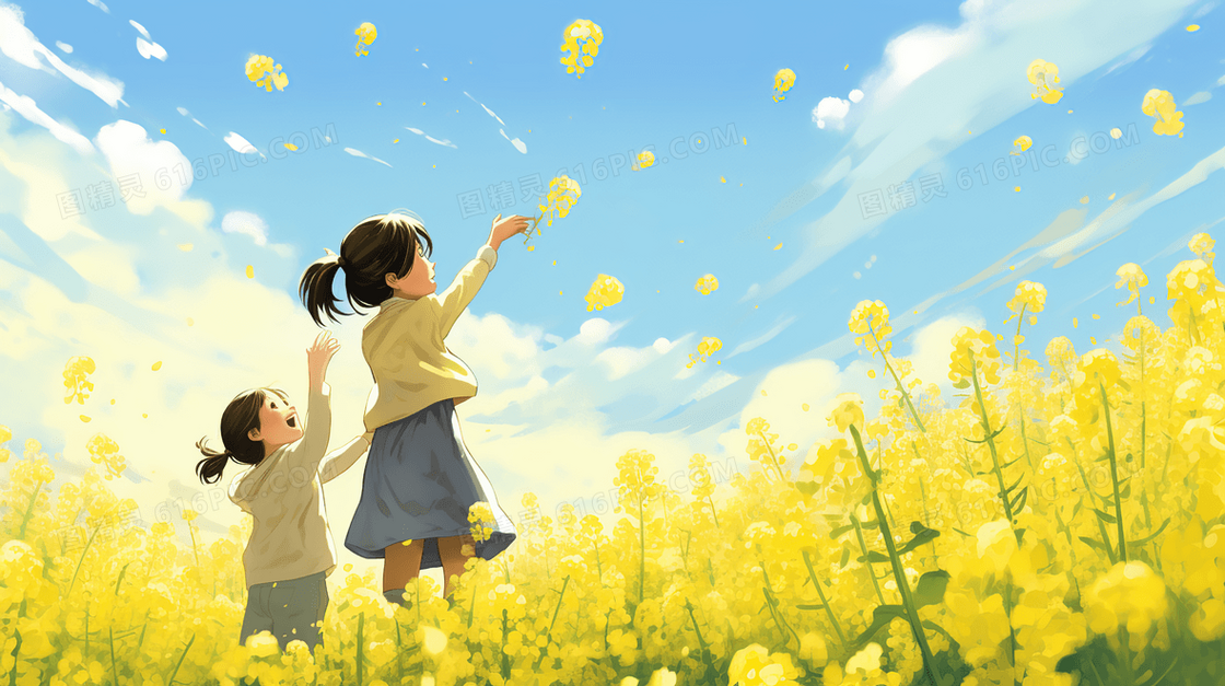 春天黄色鲜花花田里的女孩插画