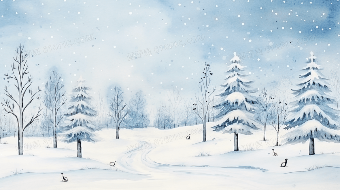 被白雪覆盖的山坡树林风景插画背景图片下载_2912x1632像素JPG格式_编号1ygf58k6p_图精灵
