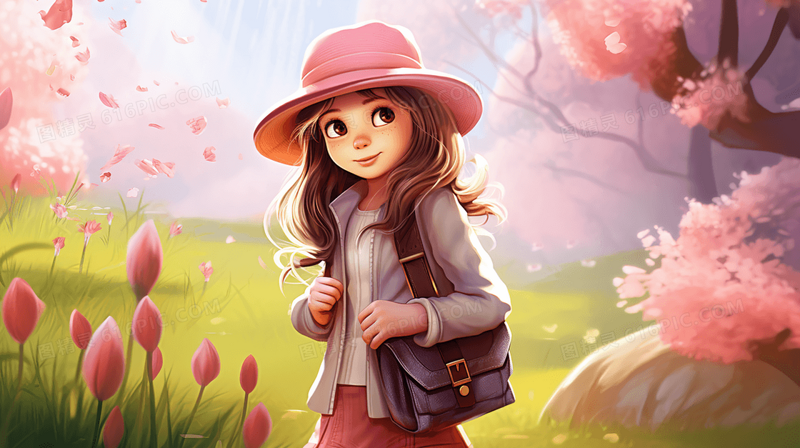 春季山野戴着帽子郊游的小女孩插画