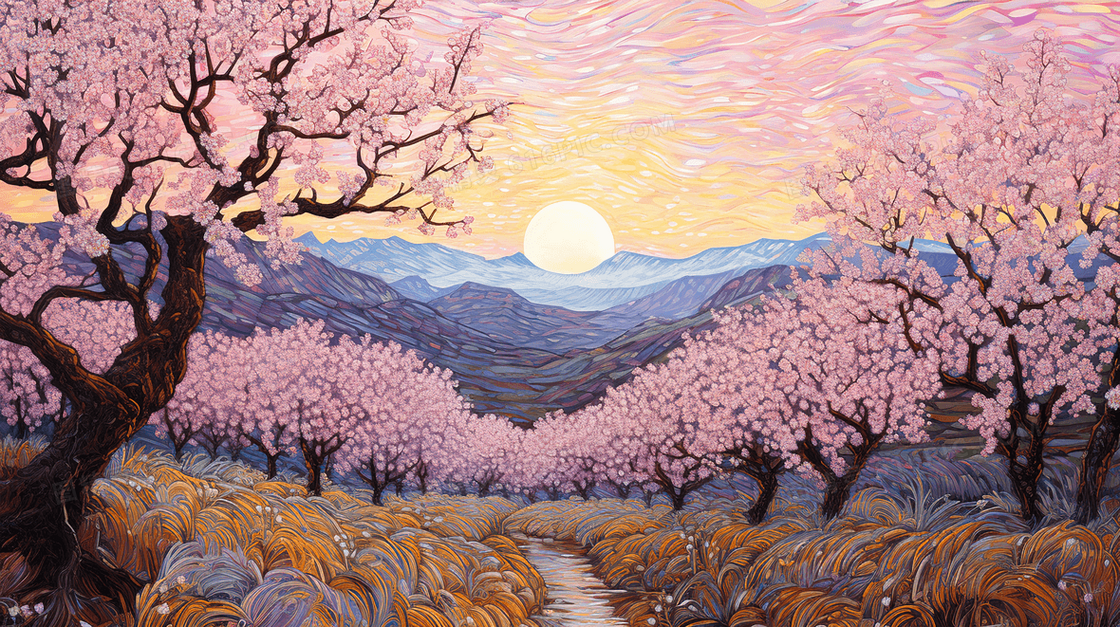 春季桃花盛开的田野风光插画