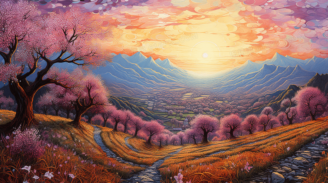 春季桃花盛开的田野风光插画