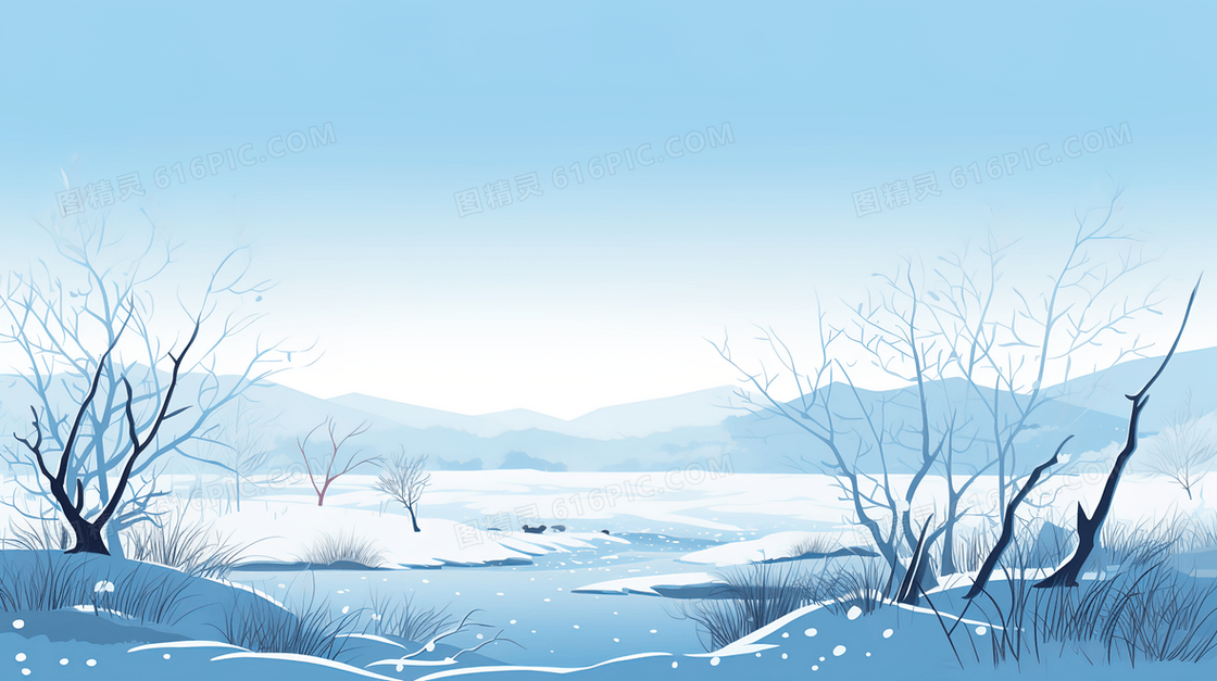 冬季积雪山野小河插画