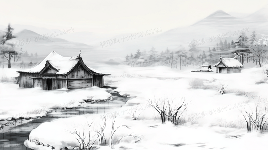 冬季中国古代乡村土坯房雪景插画