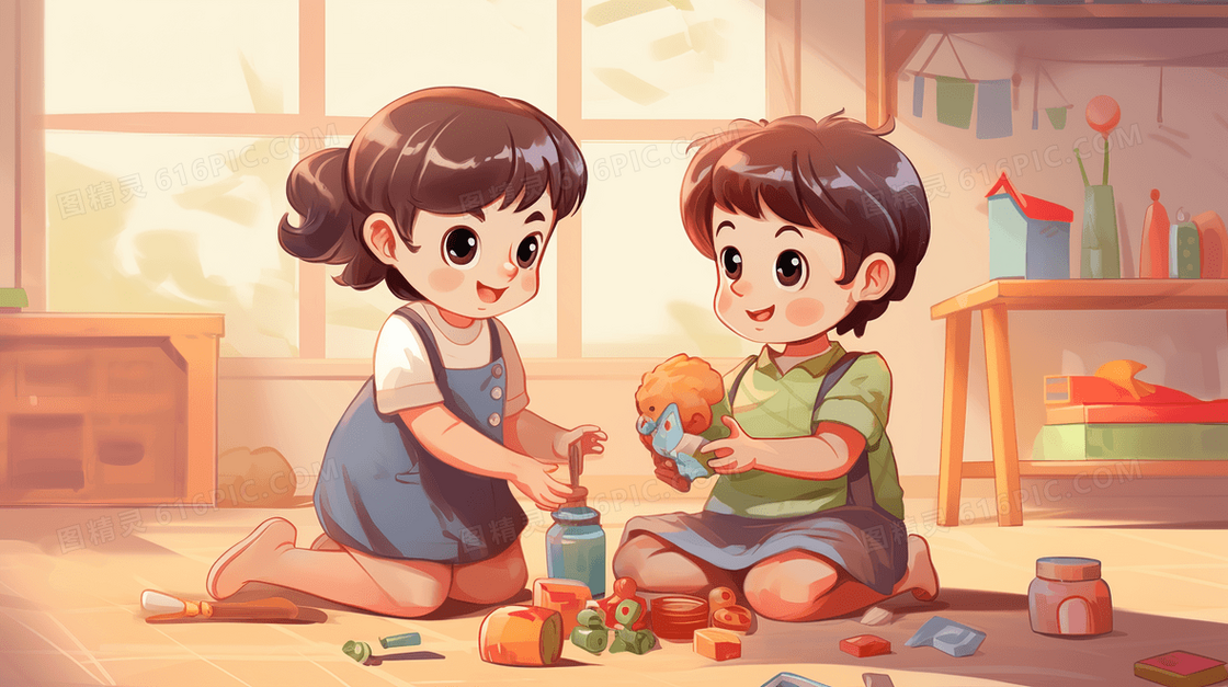 两个小朋友在一起快乐的玩玩具插画