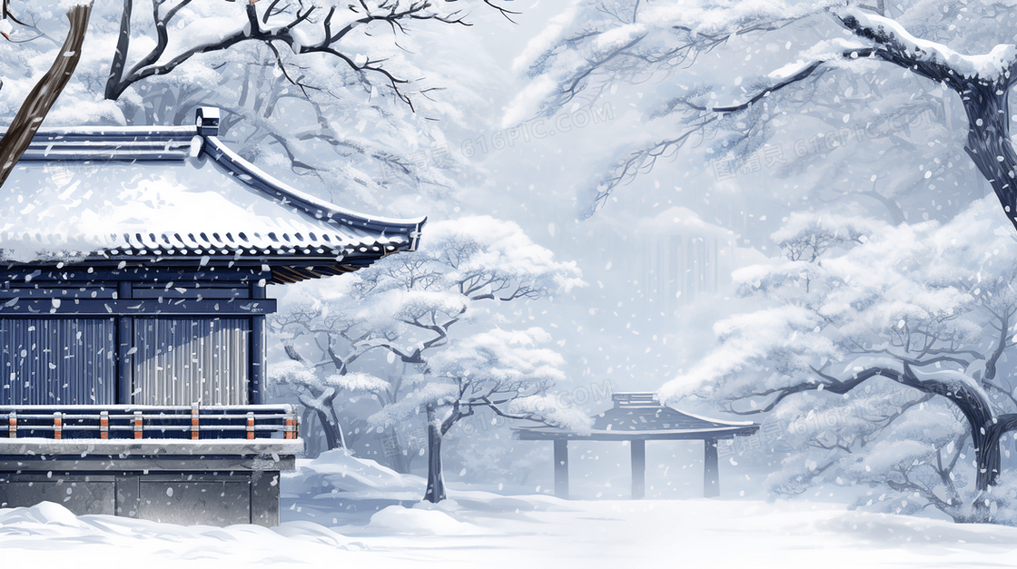 白雪皑皑的山林古建筑插画