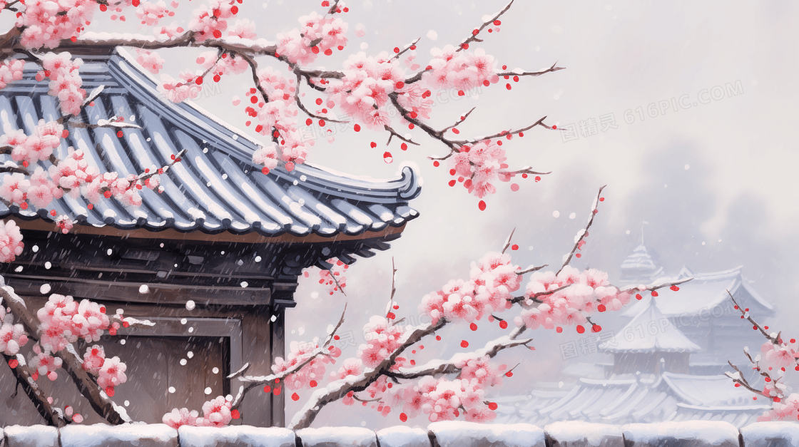 冬季下雪天古典建筑旁的粉色梅花风景插画
