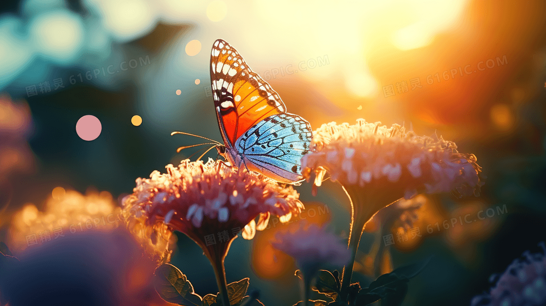 鲜花花蕊上的彩色蝴蝶插画
