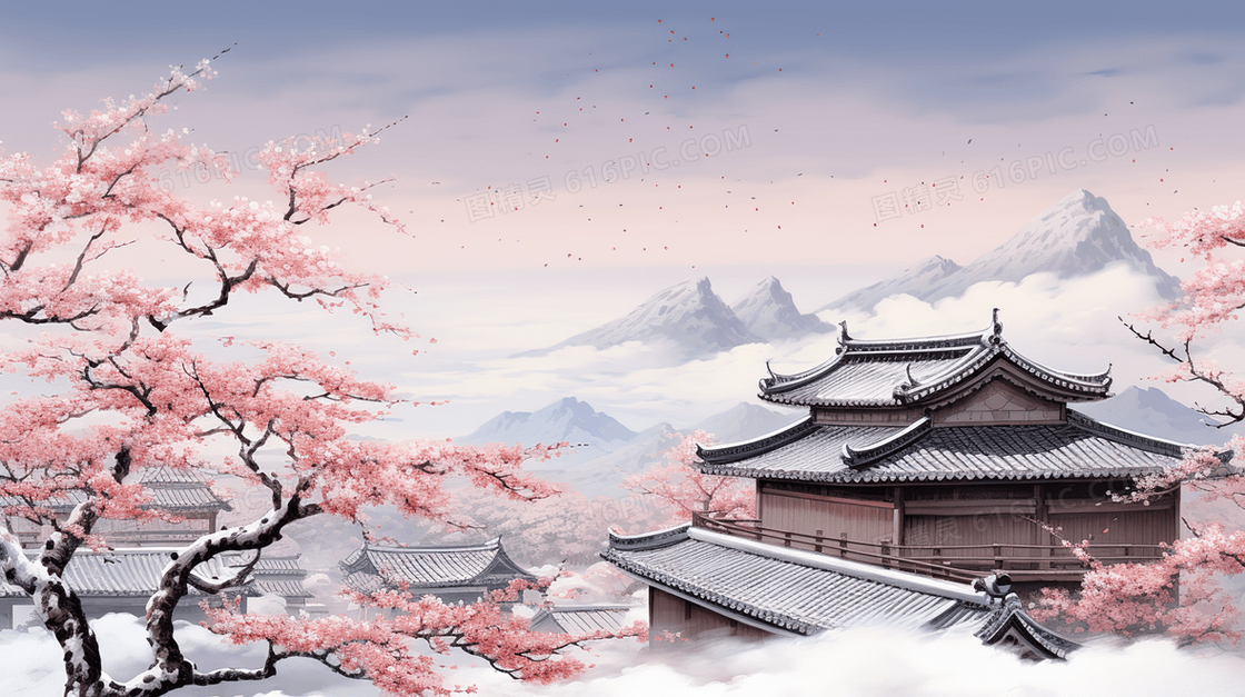 冬季下雪天古典建筑旁的粉色梅花风景插画