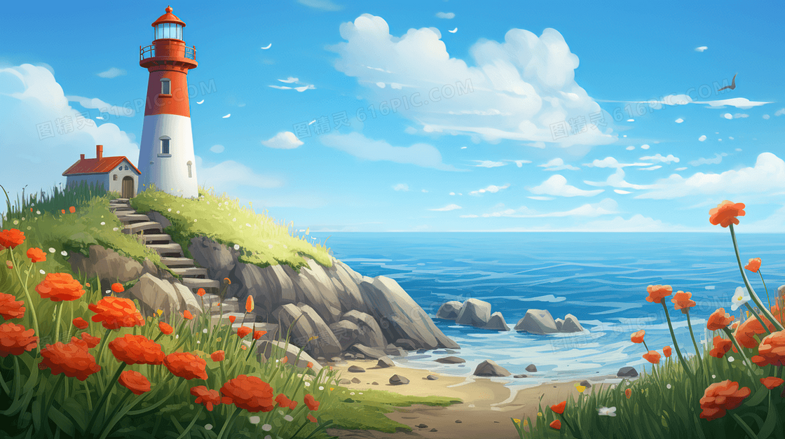 海边绿色山坡上的灯塔唯美风景插画