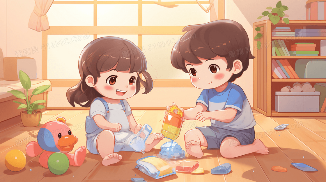 两个小朋友在一起快乐的玩玩具插画