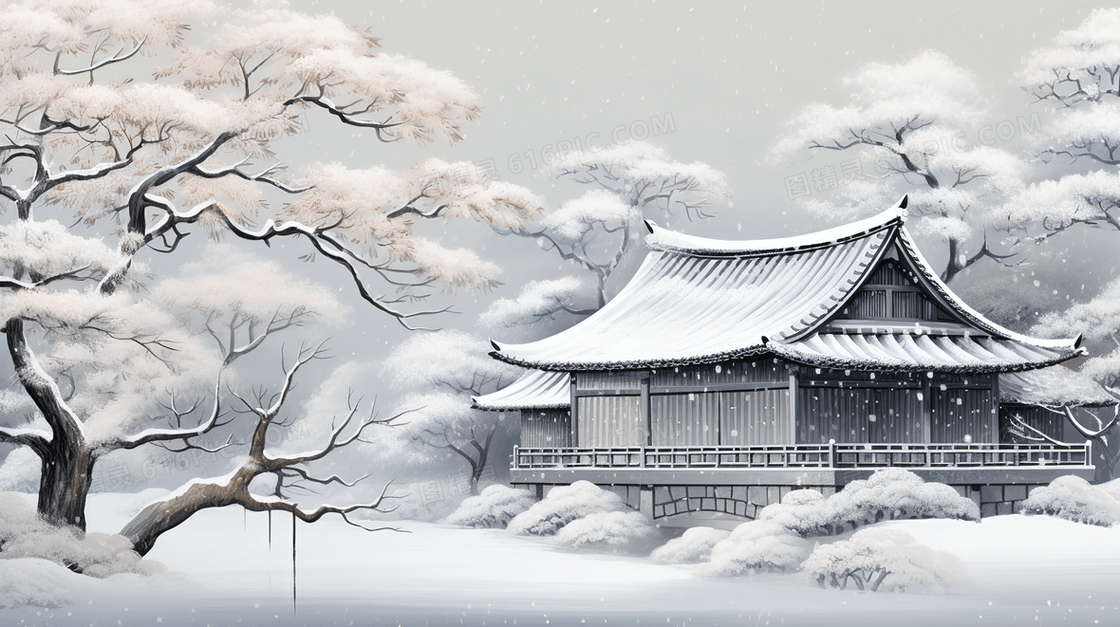 白雪皑皑的山林古建筑插画