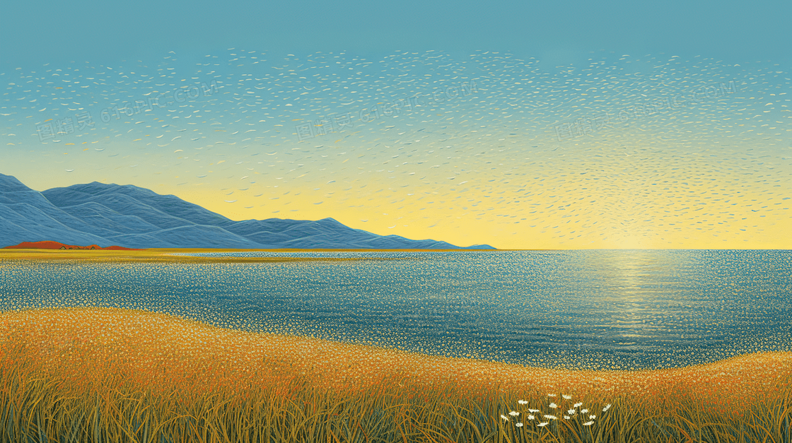 春天平静的湖边草地风景插画