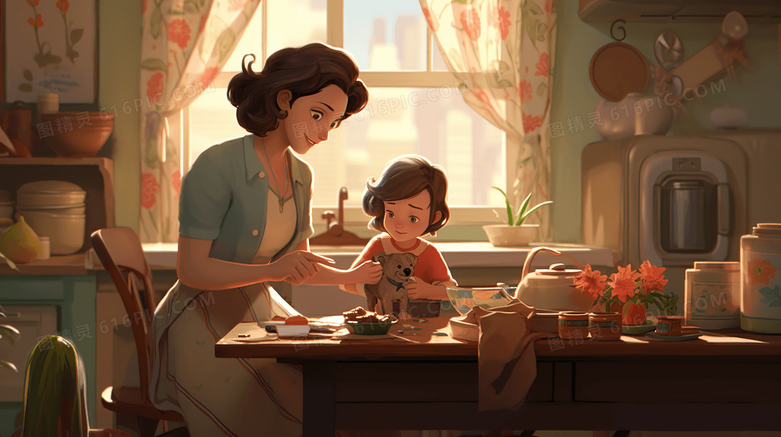 温柔的母亲在家陪伴孩子温馨插画