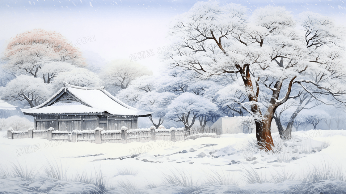 白雪皑皑的山林古建筑插画