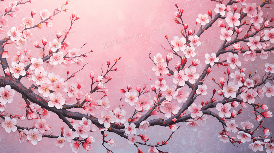 绽放的粉红色桃花树枝插画