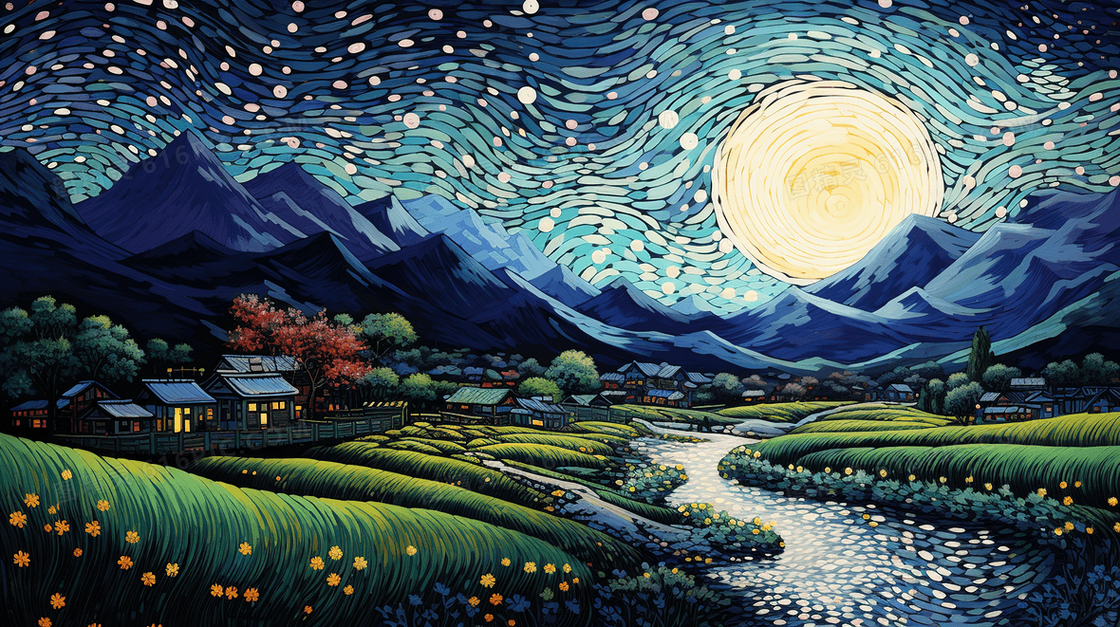 春季小乡村山水夜景插画