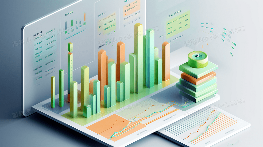 2.5D数据分析柱状图和饼形图插画